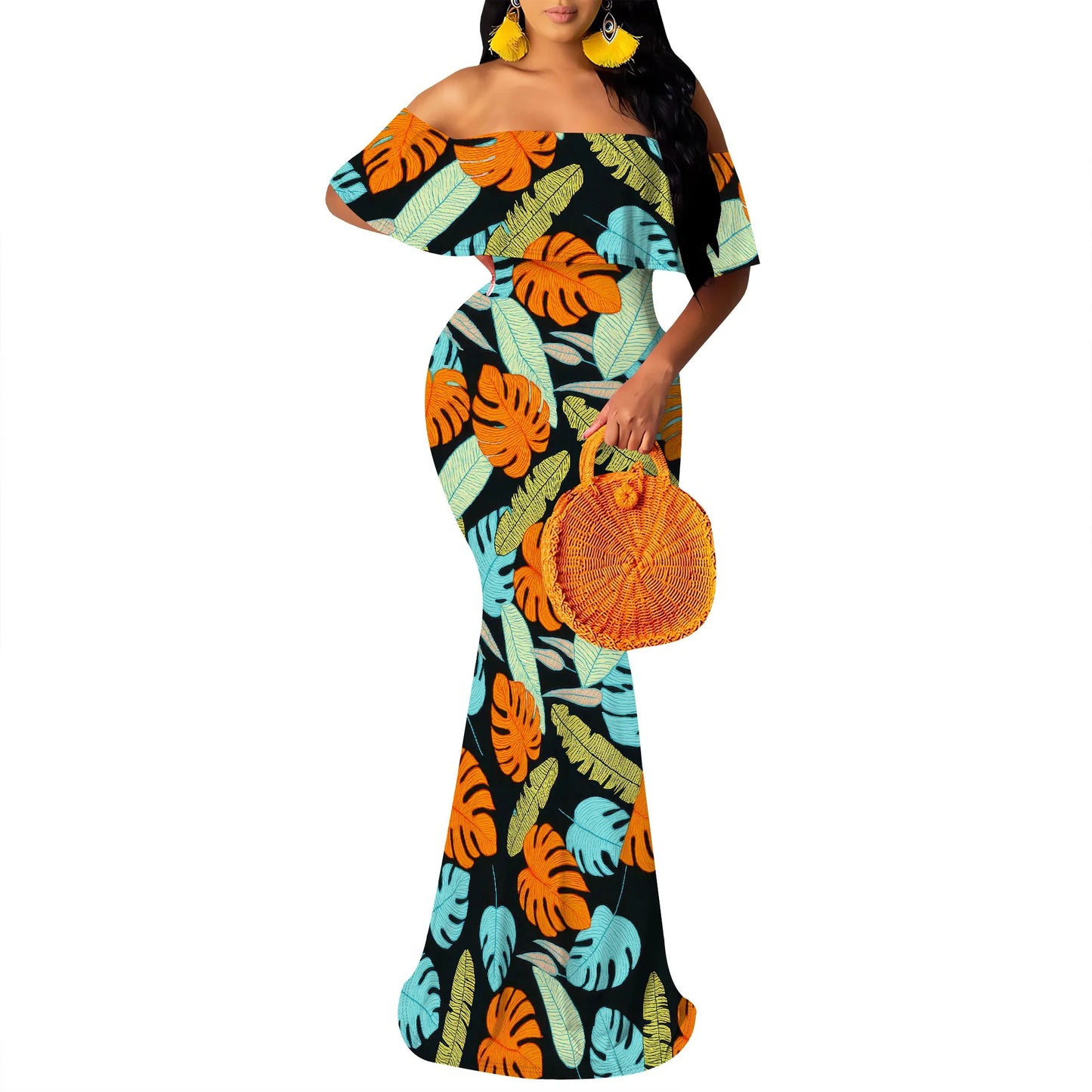 Women's Maxi Bodycon Off The Shoulder Dress Short Ruffle Sleeves Strapless Long Boho Dress Cocktail Party Wedding Dress