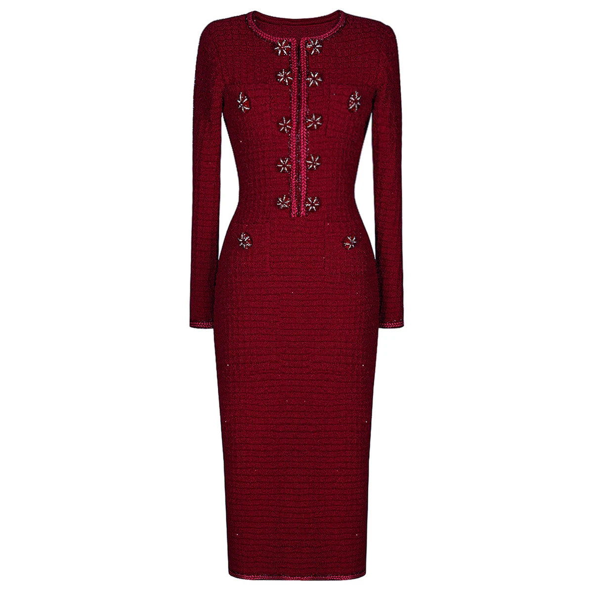 Three Colors Of High-quality Autumn New Style Fashionable Stretch Knit Round Neck Big Button Long Sleeved Slim Fit Women's Dress
