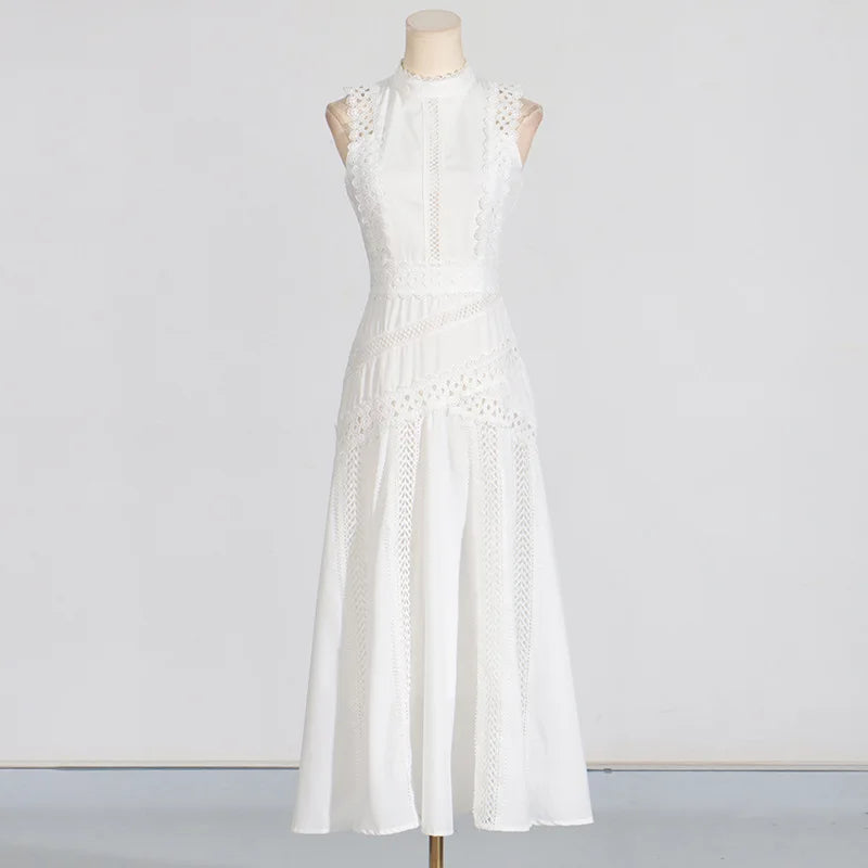 Fashion Solid Hollow Out Long Dresses Spring Women Sleeveless Stand Collar Slim Dress Summer High Waist Zipper Knee Length Dress