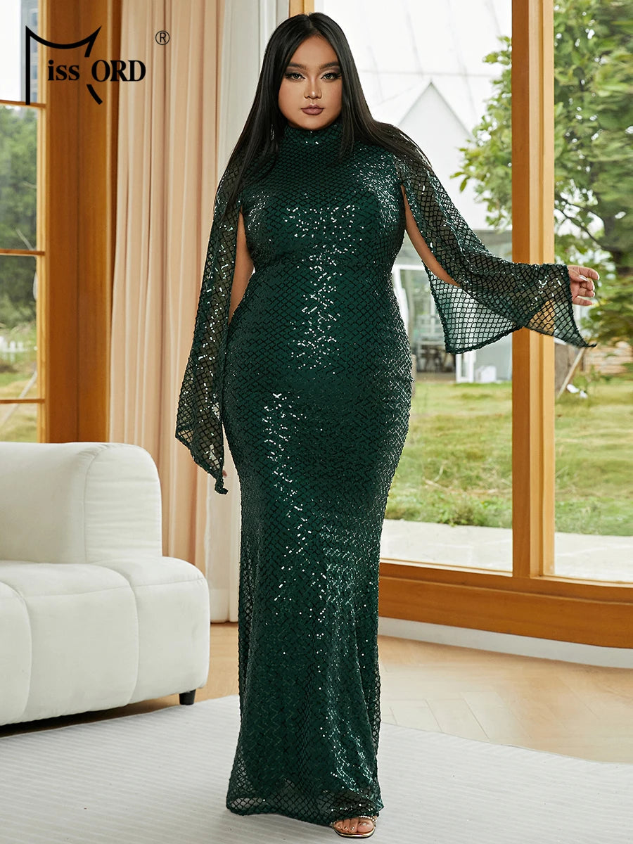 Missord Sequin Plus Size Wedding Party Dress Elegant Women Turtleneck Split Long Sleeve Bodycon Maxi Evening Dress Prom Gown