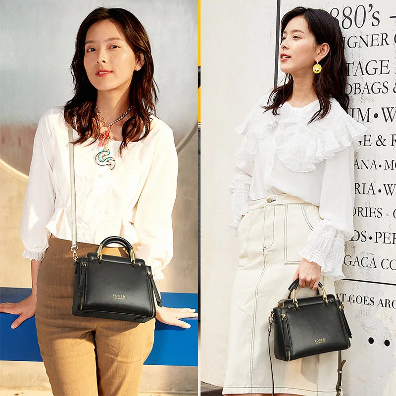 FOXER Elegant Women Top-Handle Bag Fashion Split Leather Signature Crossbody Bag Female Large Shoulder Tote Bag Purse