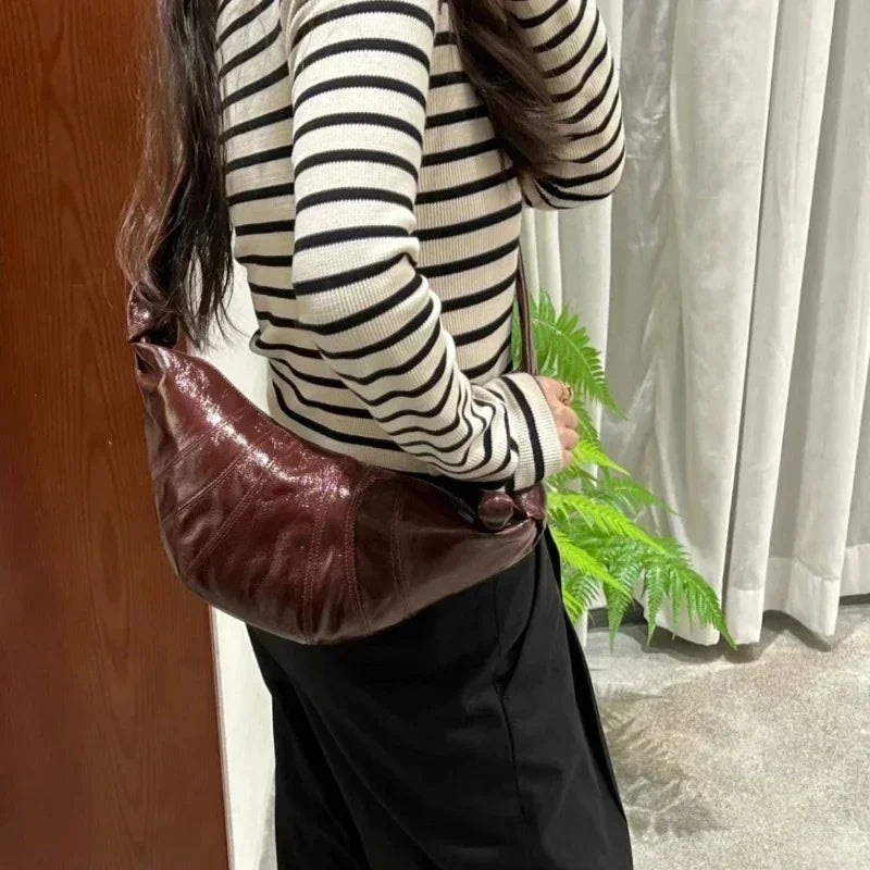 Original Linen Coated Croissant Commuter Versatile Messenger Bag Genuine Leather Croissant Large Capacity Ladies Dumpling Bag