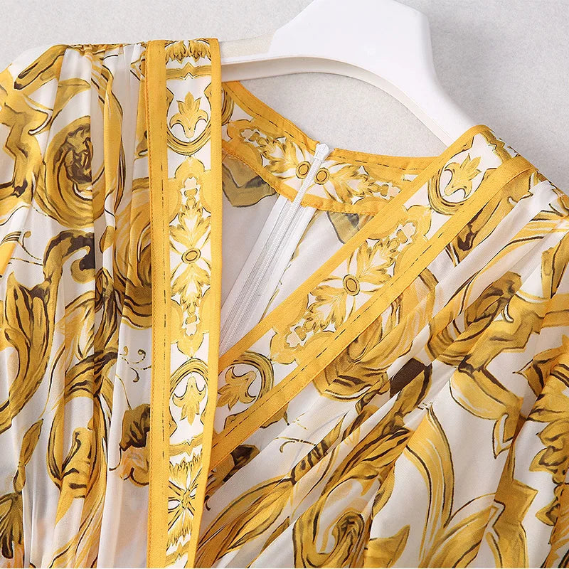 Fashion Designer Long Dress Women Elegant V-Neck Long Sleeved Printed Belt Dresses Luxury Designer High Quality Female Clothing