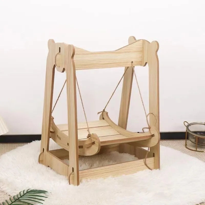 Wooden Cat Swing Bed Hanging Pet Hammock Anti-Tip Double Layer for Kittens