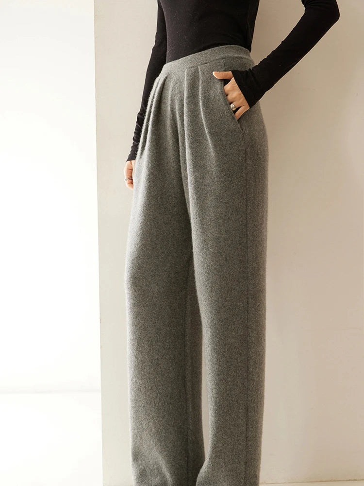High Quality Women 100% Cashmere Pants Pleated Waist Wide Leg Pant Casual Simple Style Autumn Winter Cashmere Knit Trousers