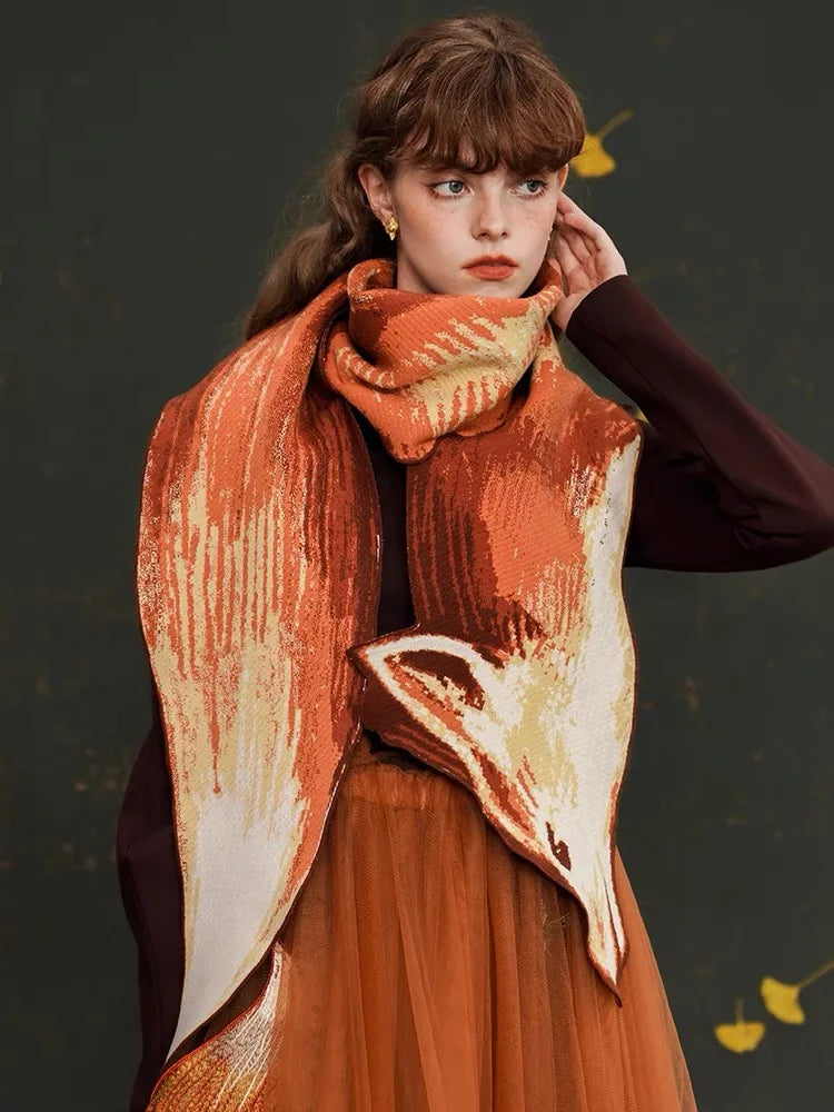 Spring Autumn Original Design Women Vintage Style Chic Red Fox Warm Knitted Scarf 210*26cm