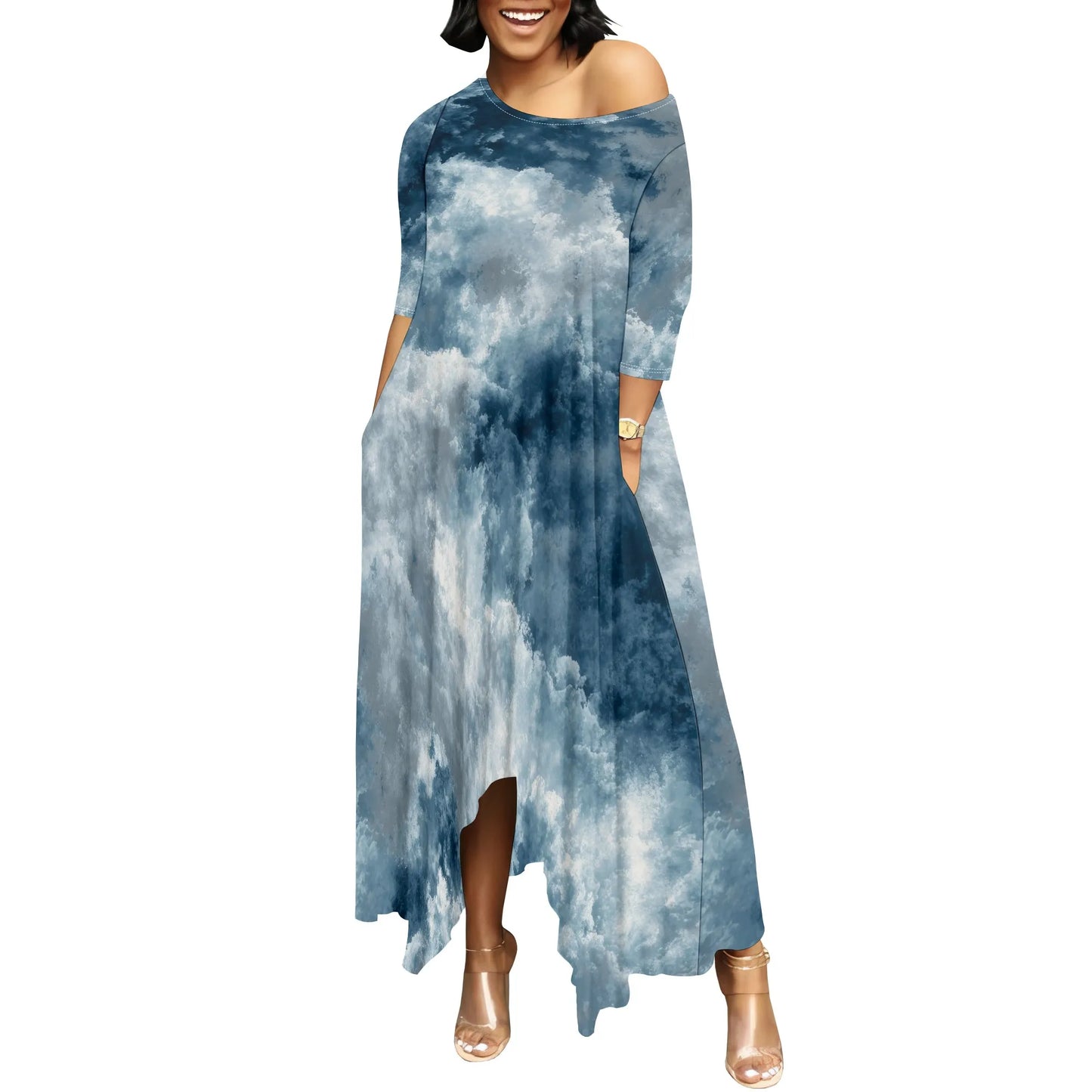 Women One Shoulder Sleeve Printed Dress High Waist Split Party Cocktail Long Dress