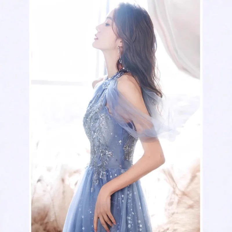 Evening Gown for Women New Style Elegant Temperament Socialite Long Style Host French Banquet Blue Long Style Dress