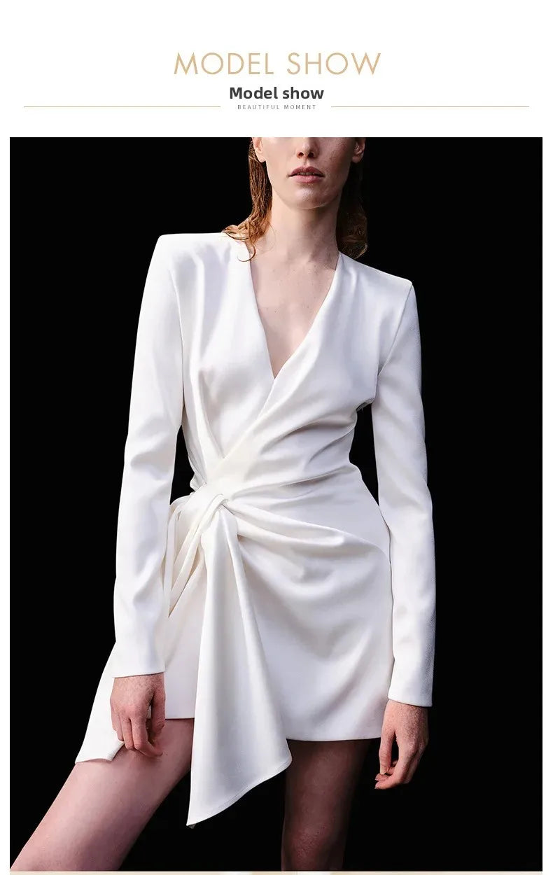White Slimming Long Sleeve V-Neck Women's Dress Fashionable Design Elegant Lady Sexy Mini Dress Neutral Minimalist Style