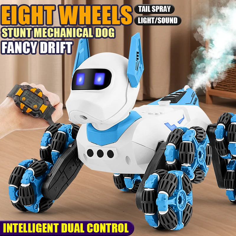 Rc Stunt Car 8-Wheel Mechanical Robot Dog with Lights Spray for Kids Remote Gesture Sensing Control Electronic Pet Toy Car