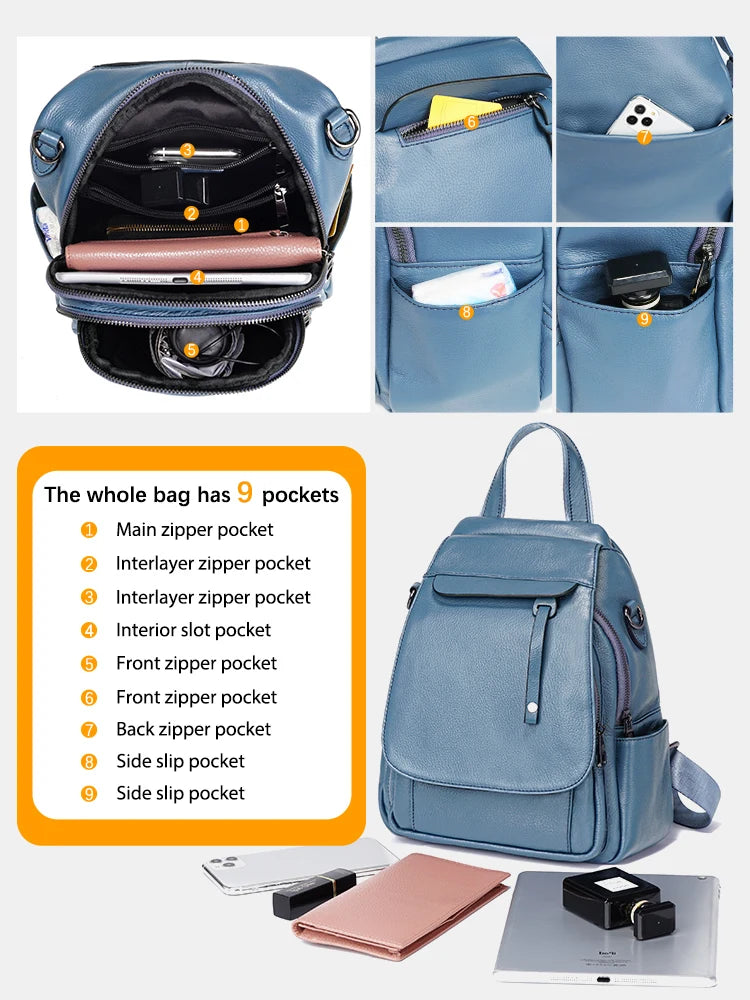Zency Genuine Leather Women's Fashion Backpack High Quality School Travel Shoulder Bag Satchel Rucksack Multifunctional Pockets