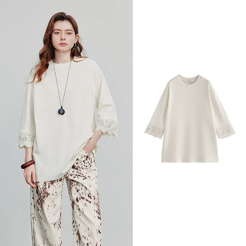 TOYOUTH Women T-shirts Autumn New Round Neck Patchwork Lace Three Quarter Sleeve Loose Cotton Tops