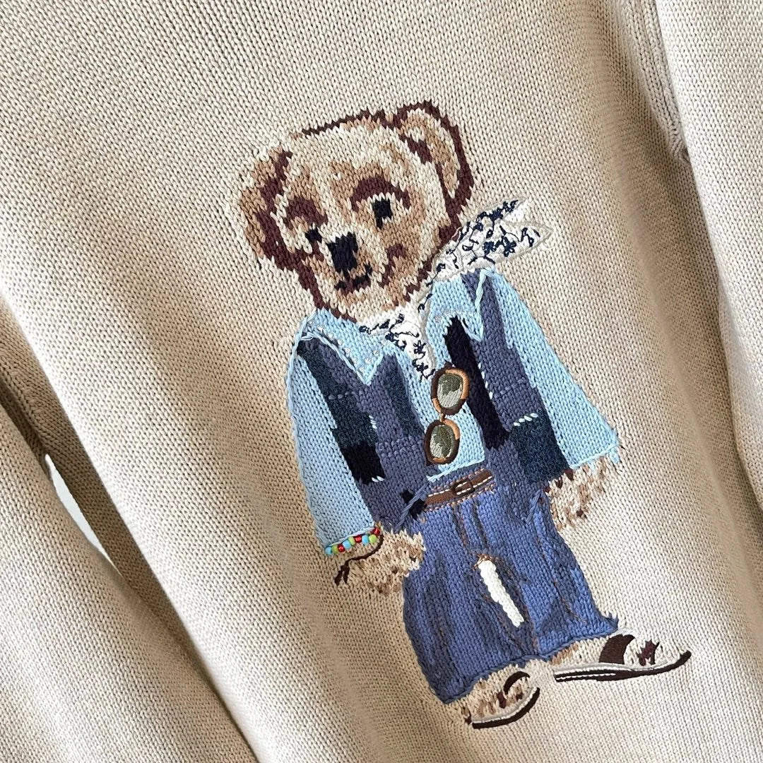 New classic denim jacket, sunglasses, teddy bear embroidery, pure cotton loose and versatile knitted women's pullover sweater