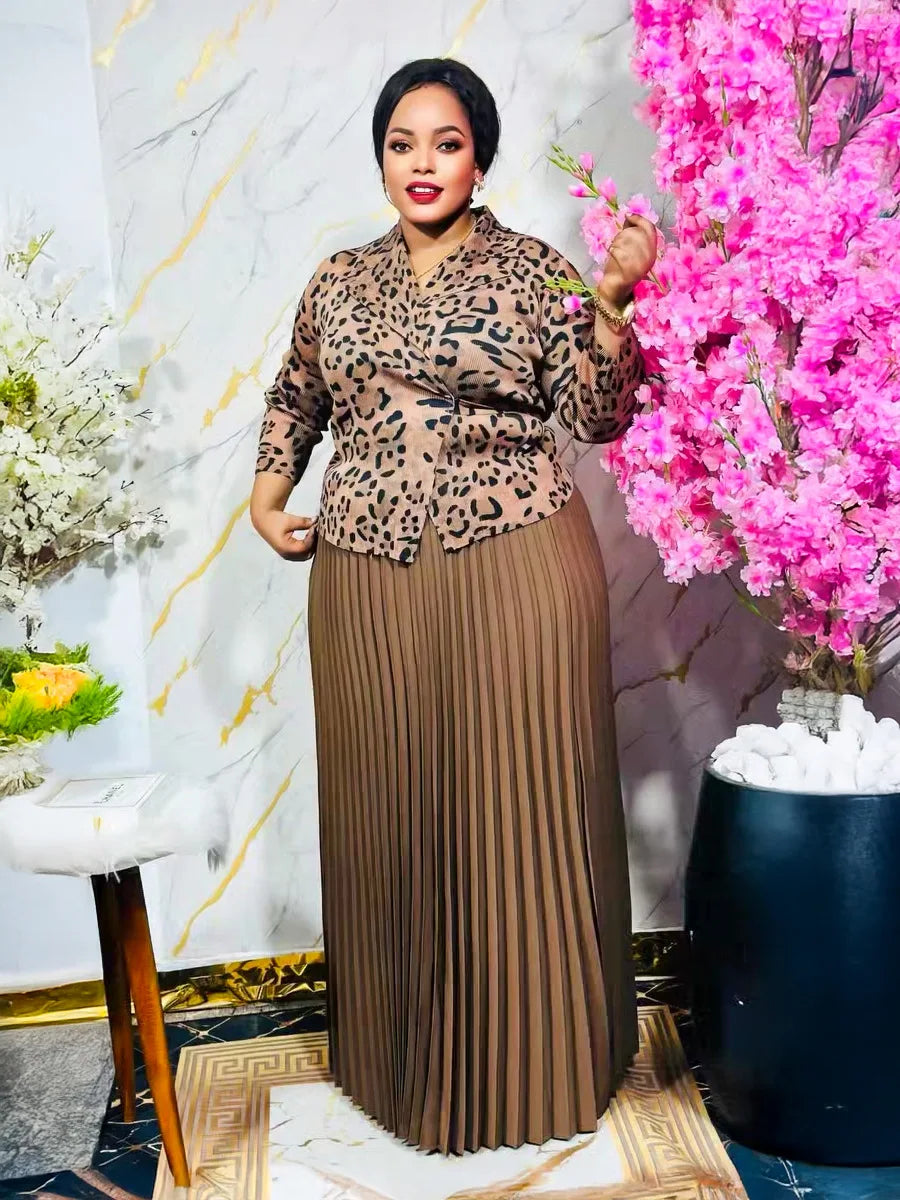 African Plus Size Women's Dresses Miyake Pleated Printed Long Sleeve Tops Pleated Long Simple Loose Middle East Prom Dresses