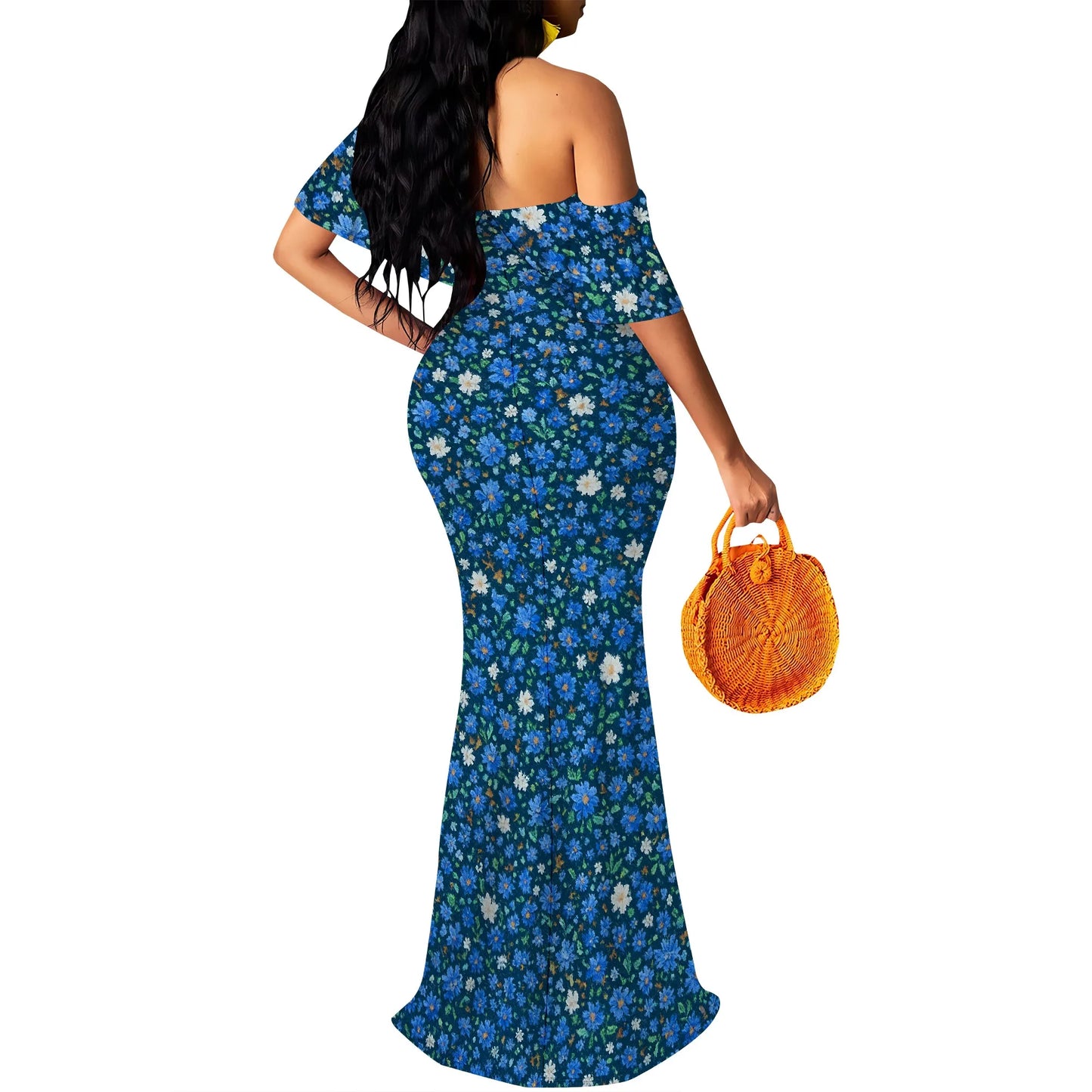 Women's Maxi Bodycon Off The Shoulder Dress Short Ruffle Sleeves Strapless Long Boho Dress Cocktail Party Wedding Dress