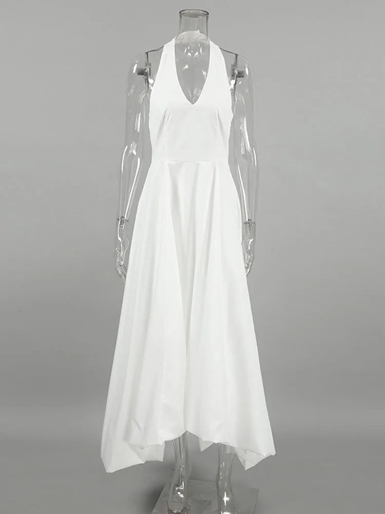 TARUXY White Sexy Sleeveless Halter Dress For Women Autumn New A-Line Long Dress Lady Elegant Bodycon Evening Party Dresses