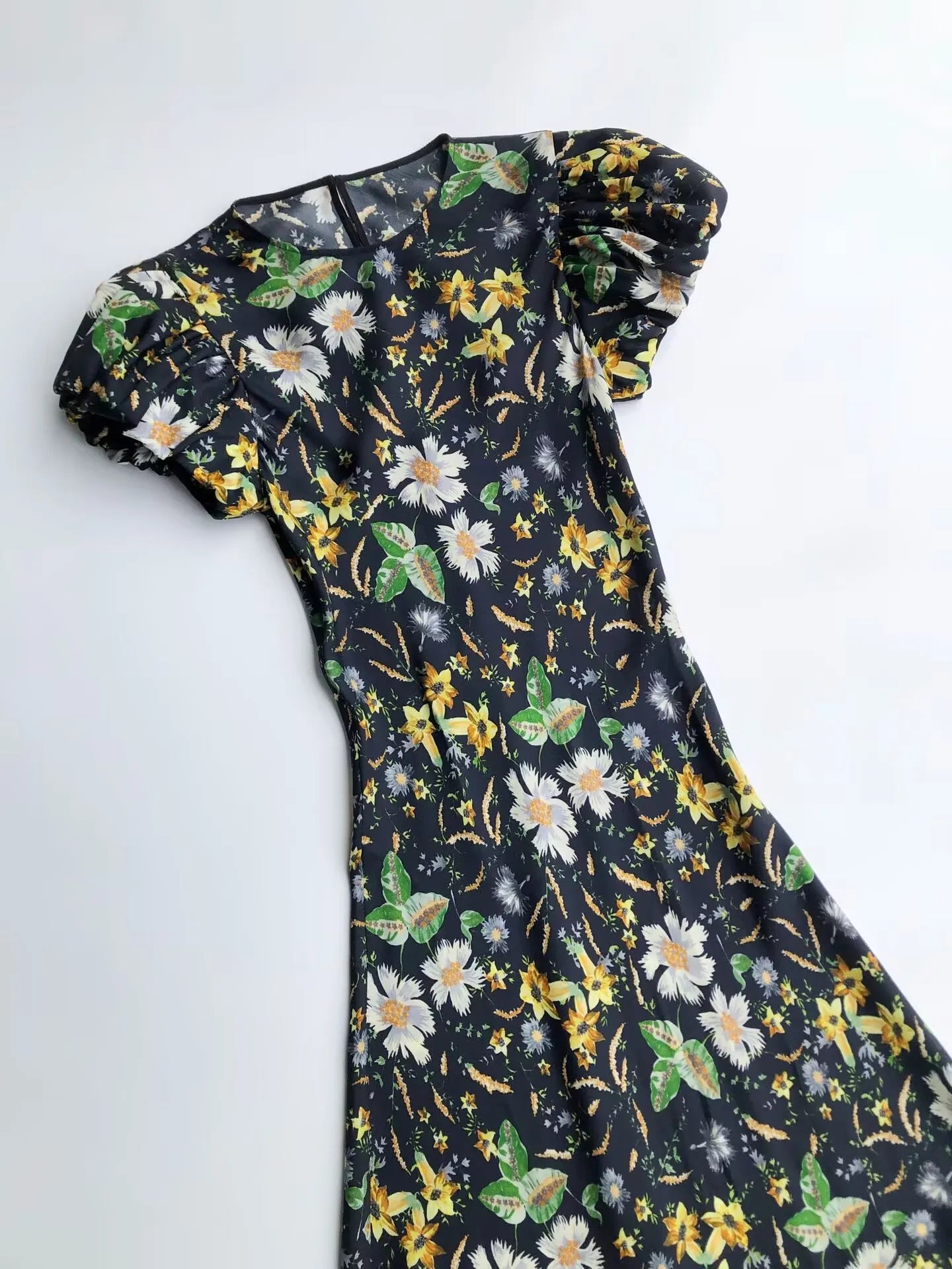 Women Retro Flower Print Long Dress Round Neck Short Puff Sleeve Vintage Slim Robe