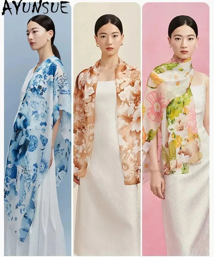 AYUNSUE, 8MM 100%Mulberry Slik Shawls, 170cm Women Floral Printed, Gifts Original Design Scarf, Spring Autumn