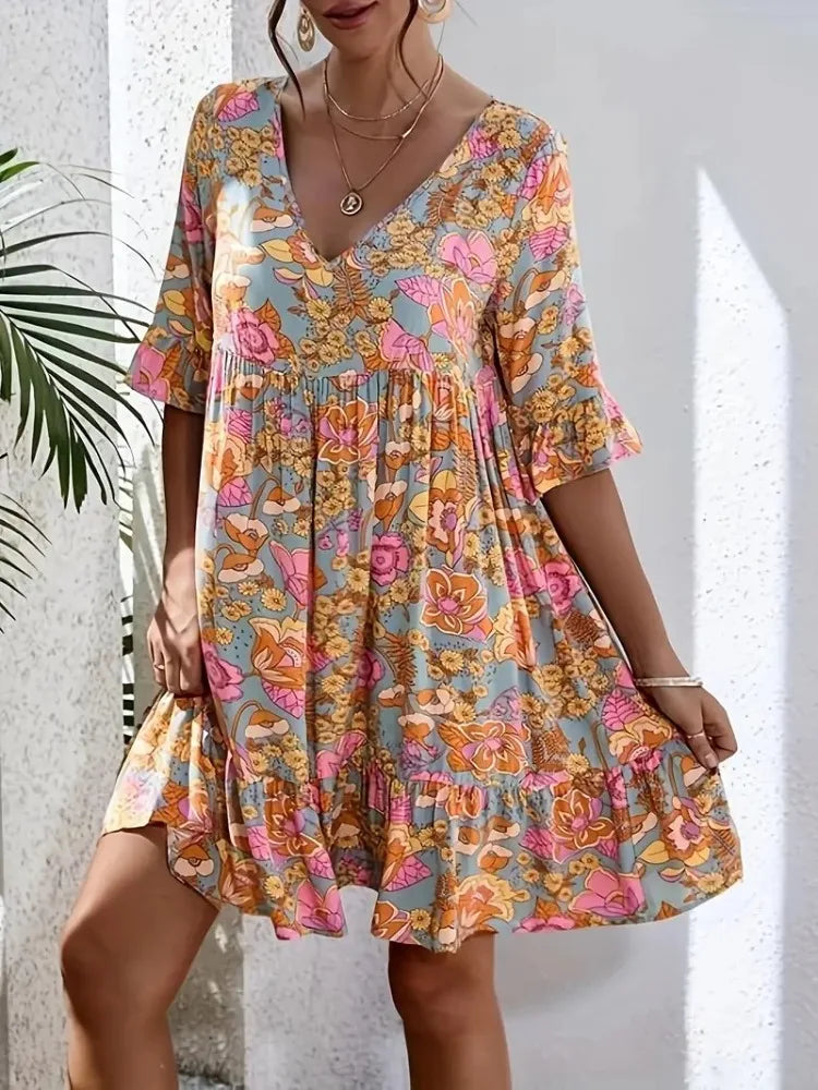 Plus Size Summer Floral Print Dress Women Clothes Casual Short Sleeve Loose Fit Ruffle Hem Beach Party-Dress New Bohemian Style