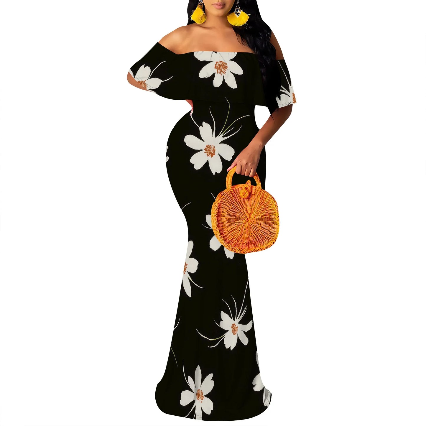 Women's Maxi Bodycon Off The Shoulder Dress Short Ruffle Sleeves Strapless Long Boho Dress Cocktail Party Wedding Dress