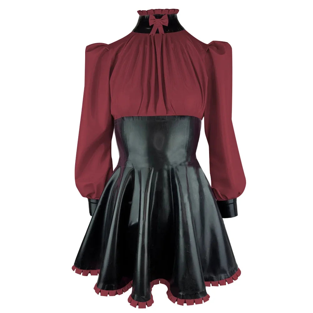 Plus Size High Neck Bow Patchwork Black Faux Latex Mini Dress Women Long Sleeves Slim Fit Ruffled A-line Dress Cocktail Gown