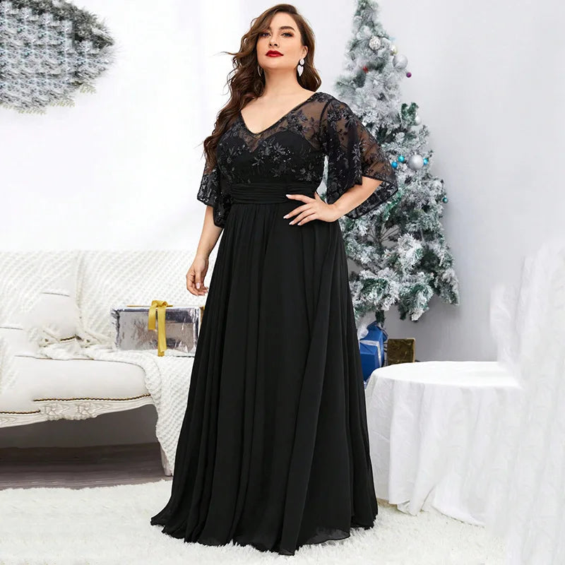 Plus Size Dresses V-neck Sequin Embroidered Frocks See-through Long Sleeve Patchwork Chiffon Full Skirt Evening Gown Ball Dress