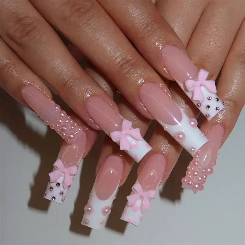 24Pcs Ballet Square Pink Press on Bow Nails 3D Flower with Bandage Design French Nail Tips for Women&Girls Daily,Spring wear