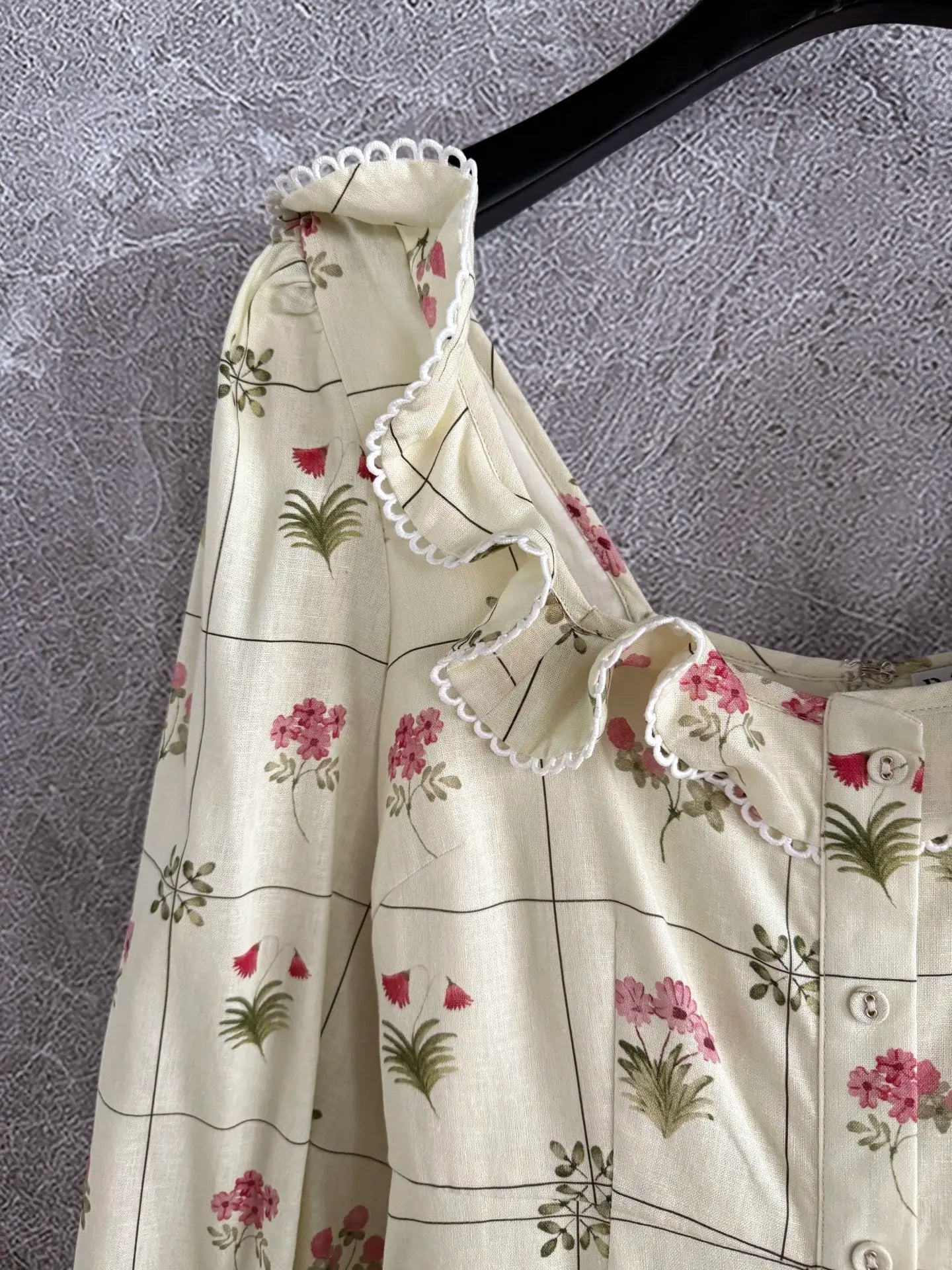 Women Flower Printed Single Breasted Long Sleeve Scallop Trim Linen Long Dress