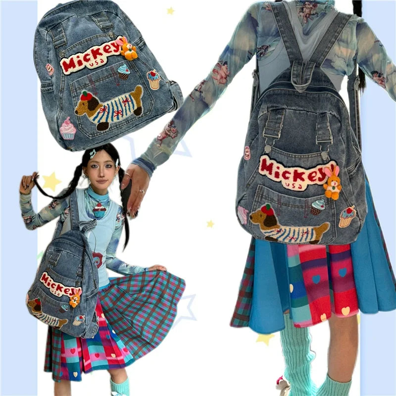 European/American Fashion Original Personalized Backpack Embroidered Cartoon Pattern Splicing Contrasting Color Travel Backpack bag