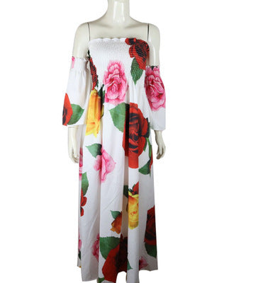 Cross-border European and American sexy tube top printing long skirt big swing skirt black and white dress
