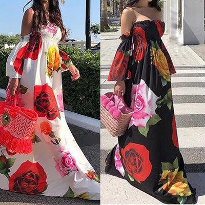 Cross-border European and American sexy tube top printing long skirt big swing skirt black and white dress