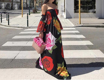 Cross-border European and American sexy tube top printing long skirt big swing skirt black and white dress