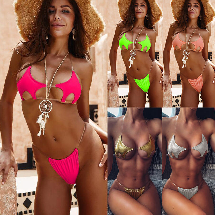 New  bikini European and American sexy pentagram bikini transparent belt swimsuit women's split swimsuits