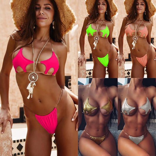 New  bikini European and American sexy pentagram bikini transparent belt swimsuit women's split swimsuits