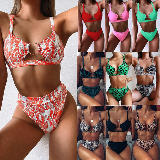 Swimsuit  Swimsuit Foreign Trade Women's Split Swimsuit Green Leopard Print Bikini New Solid Color Swimsuits Europe and America