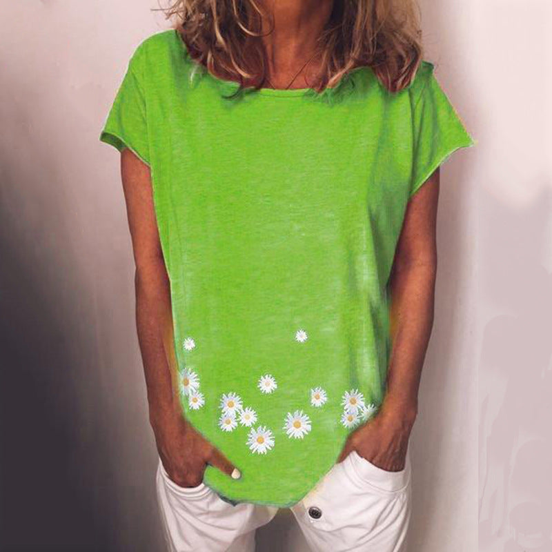 European and American summer new short-sleeved daisy print T-shirt women's top