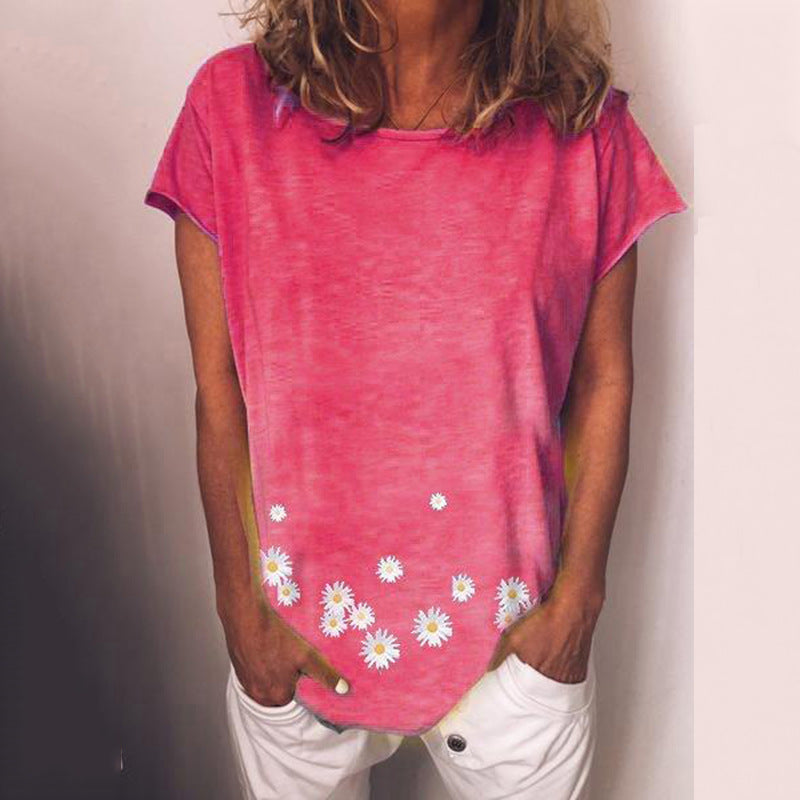 European and American summer new short-sleeved daisy print T-shirt women's top