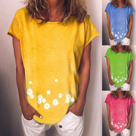 European and American summer new short-sleeved daisy print T-shirt women's top
