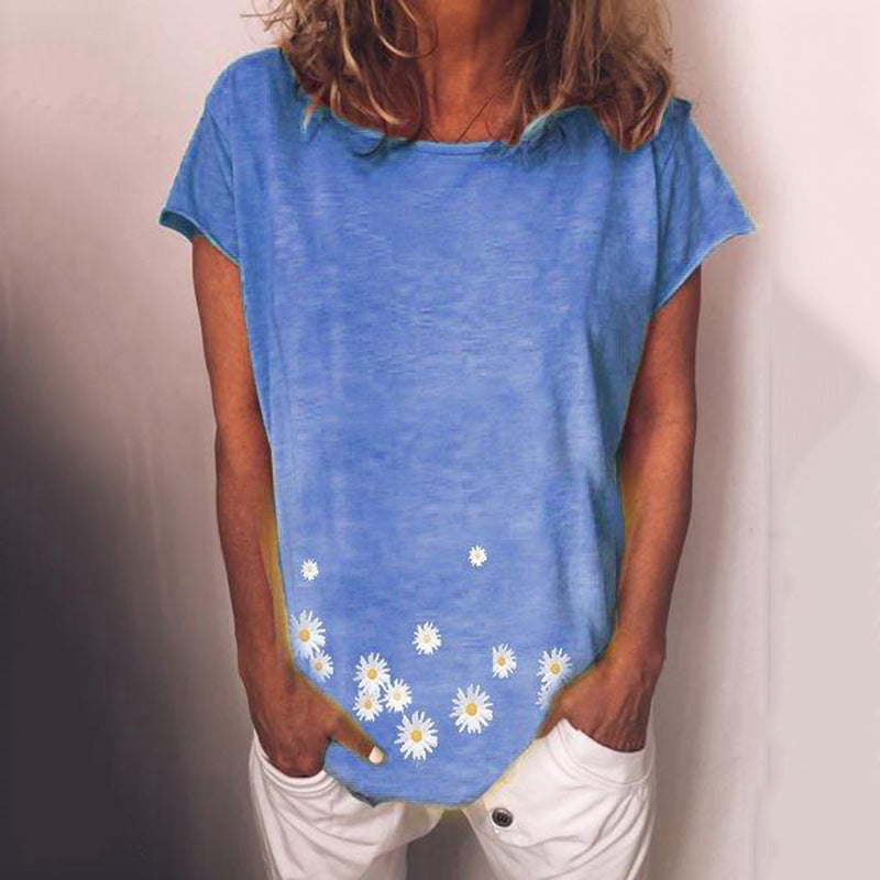 European and American summer new short-sleeved daisy print T-shirt women's top