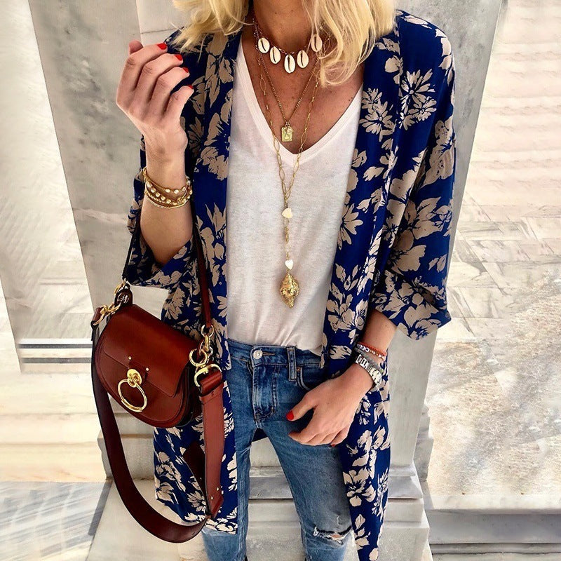 Europe and America spring and summer new casual printed cardigan jacket top women's clothing  t-shirt