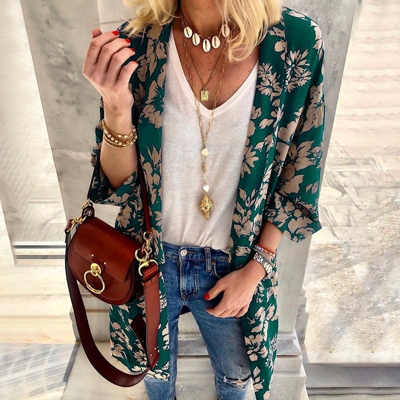 Europe and America spring and summer new casual printed cardigan jacket top women's clothing  t-shirt