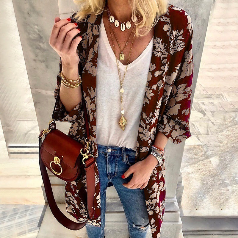 Europe and America spring and summer new casual printed cardigan jacket top women's clothing  t-shirt