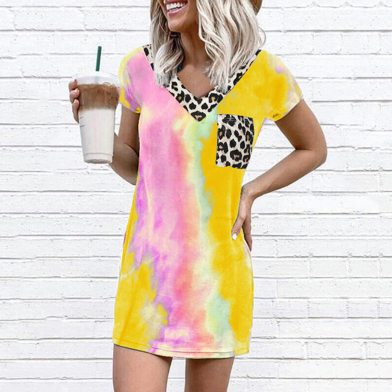 Summer new leopard print splicing V-neck printed dress women's clothing