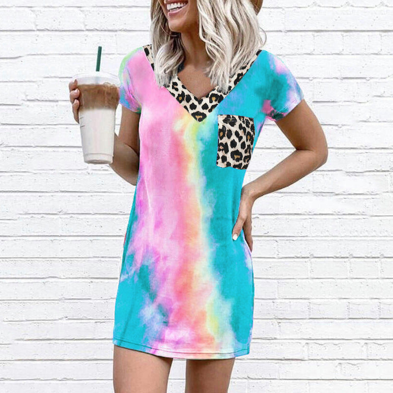 Summer new leopard print splicing V-neck printed dress women's clothing