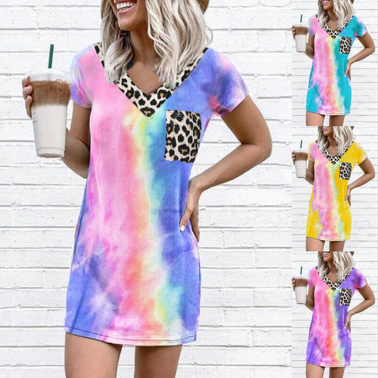 Summer new leopard print splicing V-neck printed dress women's clothing