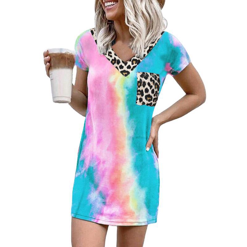 Summer new leopard print splicing V-neck printed dress women's clothing