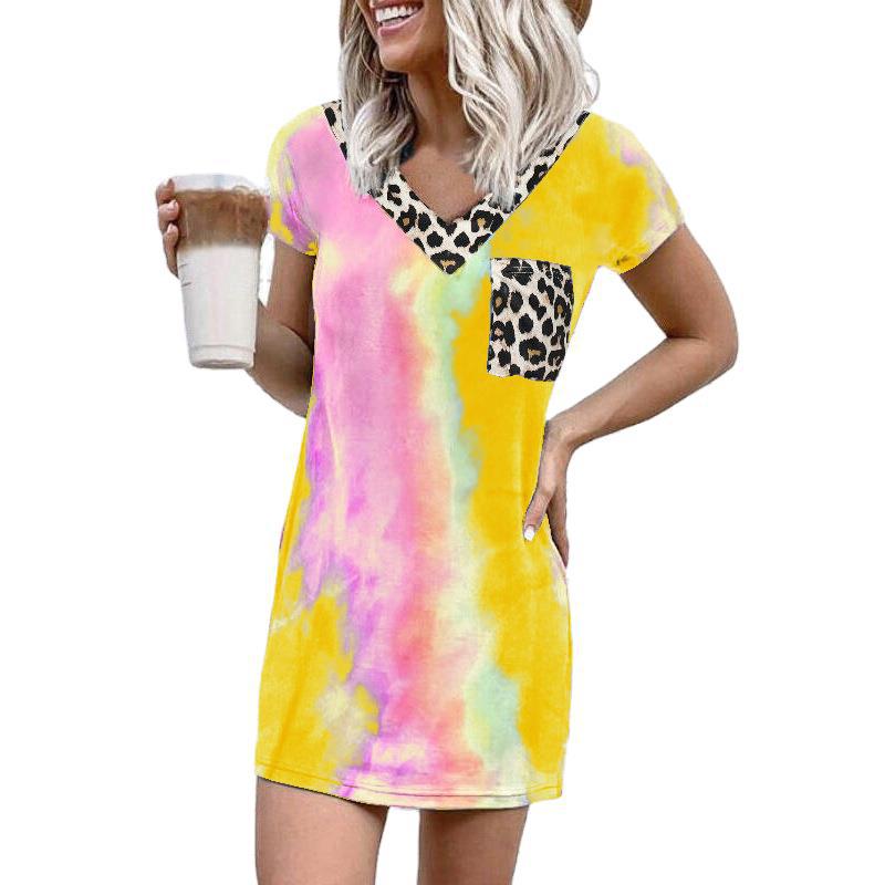 Summer new leopard print splicing V-neck printed dress women's clothing