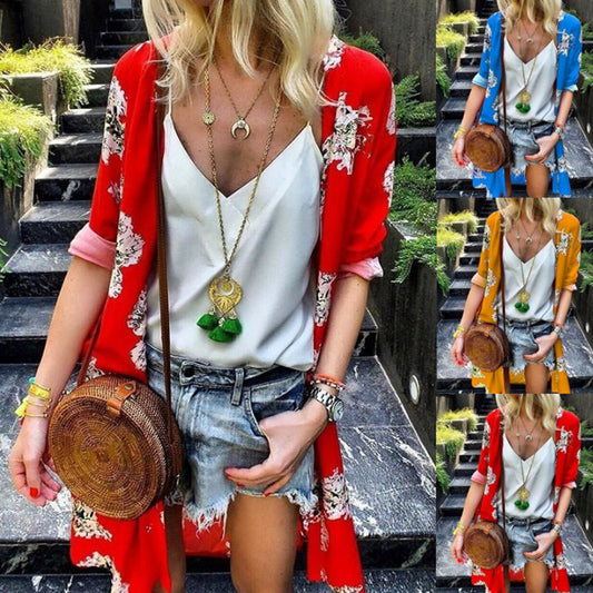 Europe, America spring, summer and autumn new printed cardigan chiffon shirts casual jacket top women's clothing