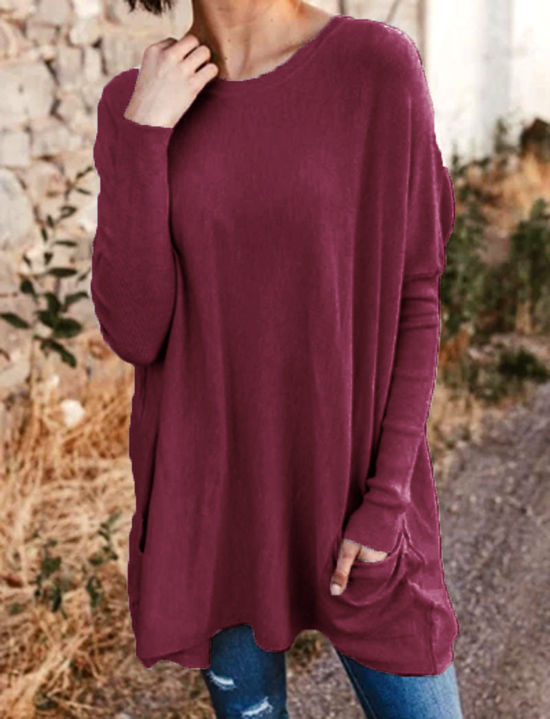 New Spring and Autumn Clothing European and American Casual Pockets Loose T-Shirt Women's Clothing