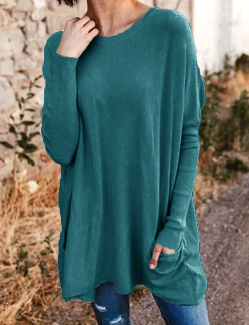 New Spring and Autumn Clothing European and American Casual Pockets Loose T-Shirt Women's Clothing